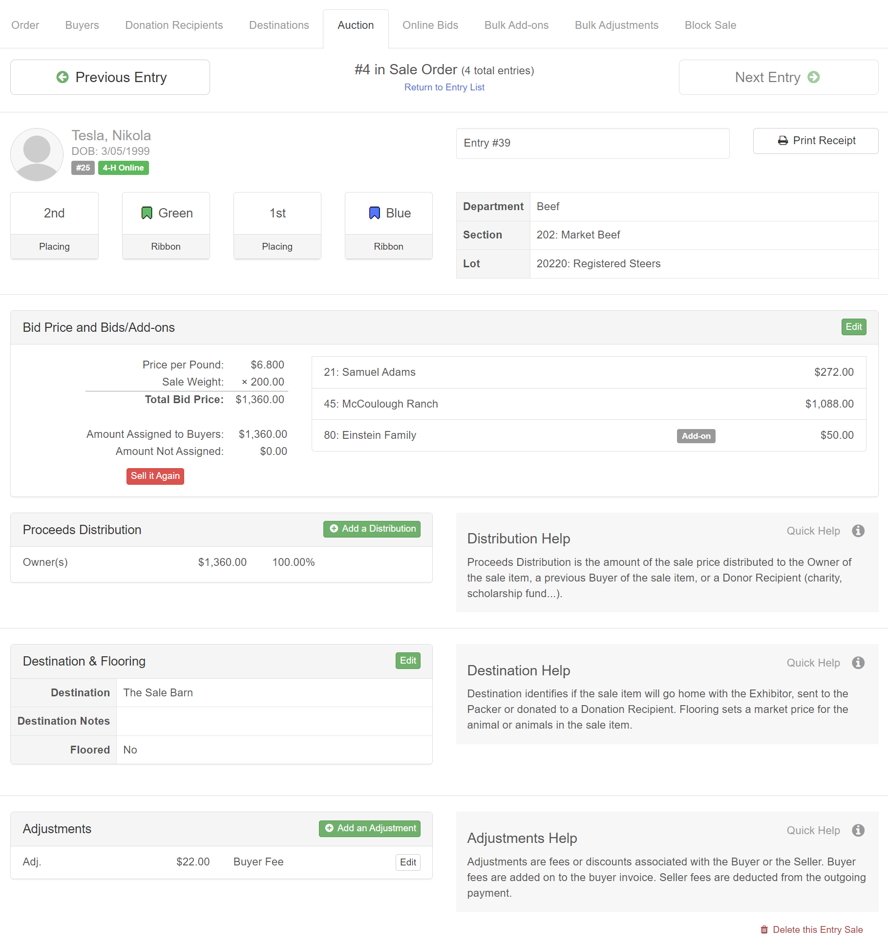 FairEntry sale and auction module for buyers, groups, and recording sales